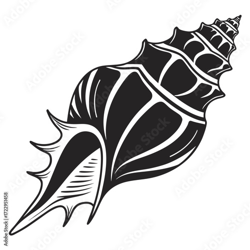 Illustration of a black and white seashell with intricate details and a pointed spiral shape design element created with generated ai