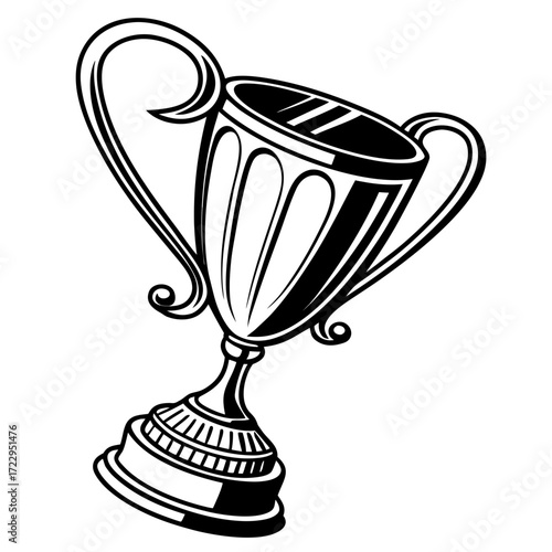 Illustration of a black and white trophy with handles and a detailed base on a white background art created with generated ai