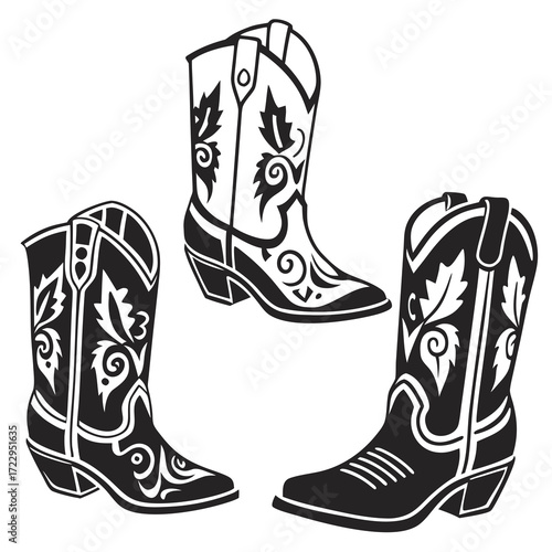 Three cowboy boots with decorative designs in black and white vector illustration style image present created with generated ai