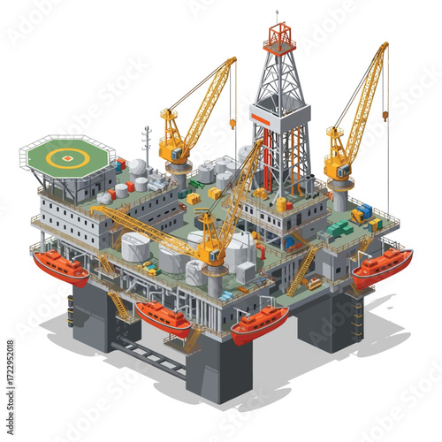 Isometric illustration of an offshore oil rig, showcasing energy production and maritime industry