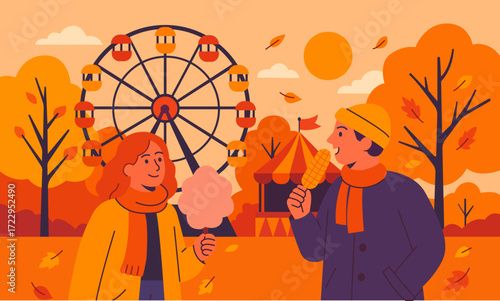 Vector illustration of an autumn fair in the park with a Ferris wheel, trees in fall colors, and a couple enjoying cotton candy and corn. Concept of seasonal outdoor festival and leisure time.