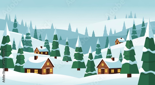 Cozy Winter Cabins Nestled in a Snowy Forest Landscape.