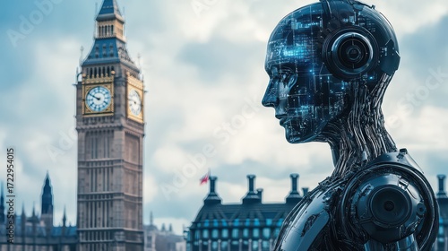 Futuristic robot standing in front of big ben in london, showcasing the integration of ai in the uk