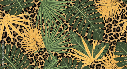 A vibrant jungle pattern with exotic tropical leaves and a bold leopard print background.