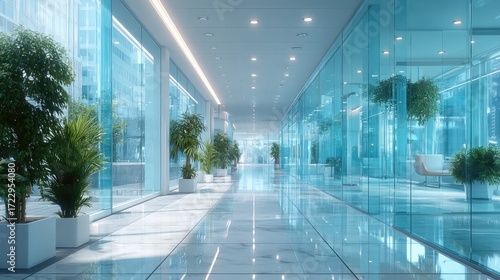 Contemporary Office Hallway with Glass Walls Light Blue Tinted Glass and Potted Green Plants Clean Lines and Bright Overhead Lighting