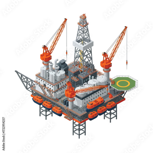 Isometric illustration of a large offshore oil rig with drilling equipment, platforms, cranes, and a helipad, symbolizing energy exploration and industrial operations