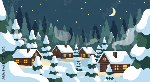 Cozy Winter Village with Snow-Covered Houses and Warm Lights.