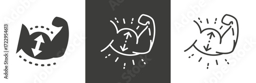 flat and linear set icons, increase hand muscle icon, bodybuilding, muscle gain, simple symbols on white and black background - editable stroke vector illustration
