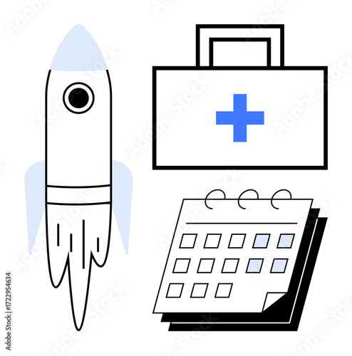 Rocket emphasizes growth, medical kit indicates health focus, and calendar highlights organization. Ideal for innovation, health care, productivity, scheduling, emergency planning, goals