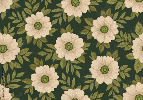 Floral seamless pattern with flowers and leaves. Vector illustration in flat style.