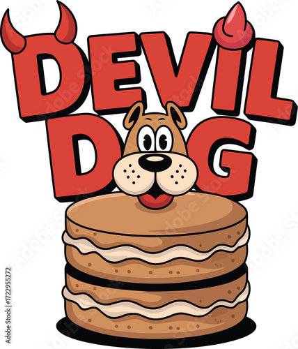 Whimsical cartoon devil dog character peeking over a delicious layered cake