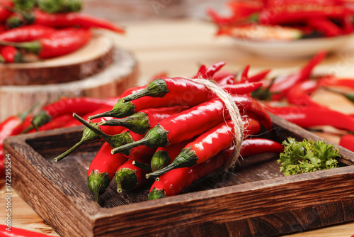 Fresh Red Chili Peppers in Wooden Crates - Spicy Cooking Ingredients Display