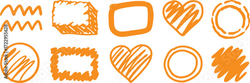 Collection of Hand-Drawn Orange Shapes: Hearts, Circles, Rectangles, and Wavy Lines