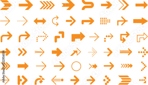 Collection of Orange Arrows and Directional Symbols on White Background