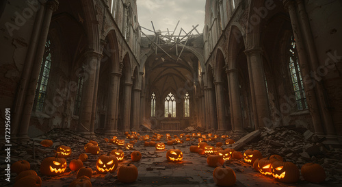 Wallpaper Mural Grand Ruined Gothic Interior Lit by Glowing Pumpkins at Ground Level Torontodigital.ca