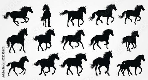 Silhouette illustration showing various poses of horses in motion on a white background design element