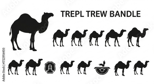 Silhouette illustration showing a collection of camels and other desert related icons in black color scheme