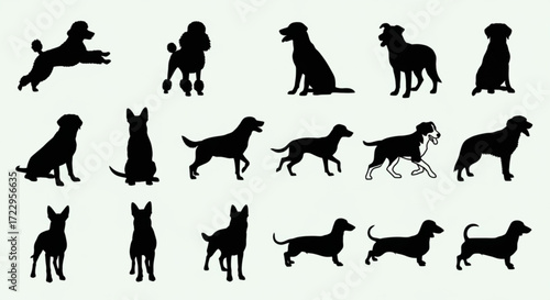 Silhouette collection featuring various dog breeds in different poses against a white background