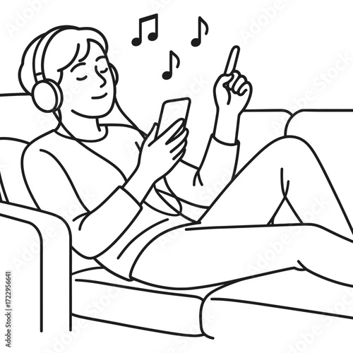 Relaxing with music on a phone, person in headphones, chill vibes, enjoying life at home, modern design