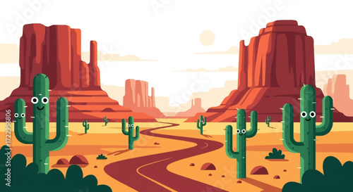 Cute cartoon cacti with expressive faces in a desert landscape.