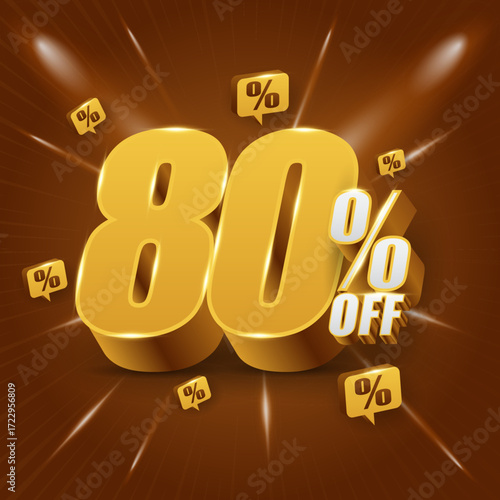 80 percent off, discount concept, or bonus. Promotional price with 3D illustration of golden numerals.