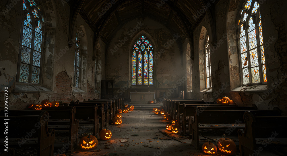 Fototapeta premium Halloween Pumpkins Lit Inside Abandoned Church With Stained Glass Windows