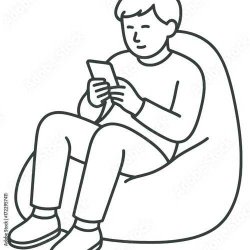 Relaxed character scrolls on phone in beanbag chair, enjoying quiet time at home digitally connected