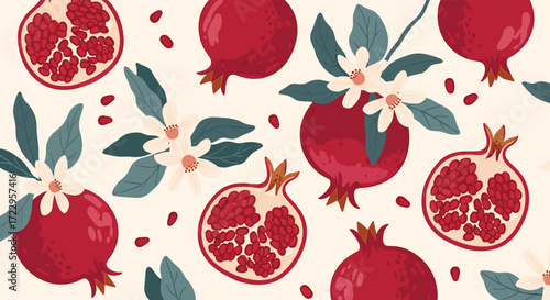 A vibrant collection of ripe pomegranates and delicate blossoms scattered across a creamy background.