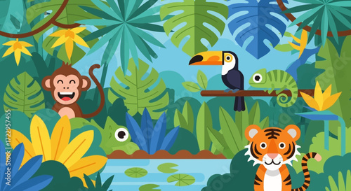 Cute jungle animals in a vibrant tropical forest illustration.