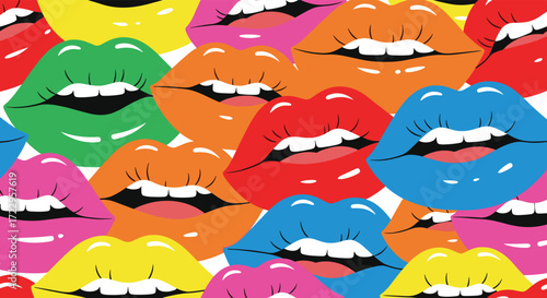 A vibrant and colorful pop art pattern featuring an abstract arrangement of many lips in various bright hues like red orange yellow blue and pink.