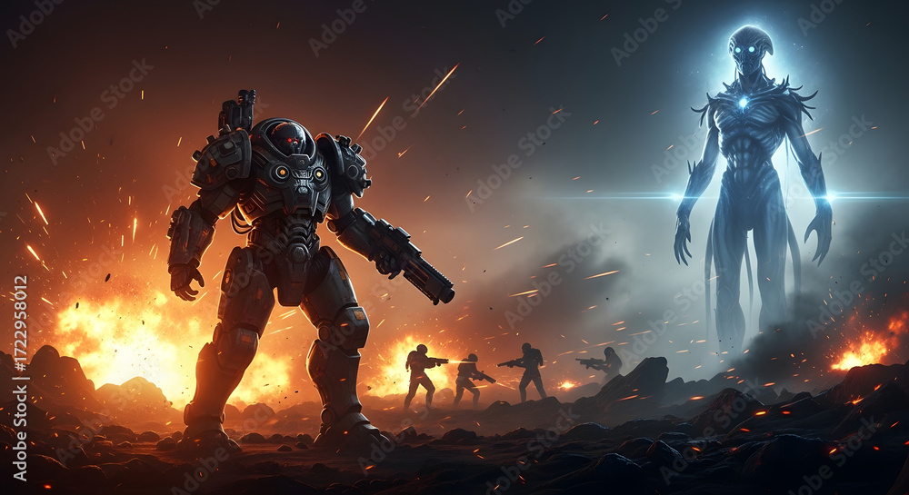 Fototapeta premium Futuristic battle scene with a mech warrior and a glowing alien figure