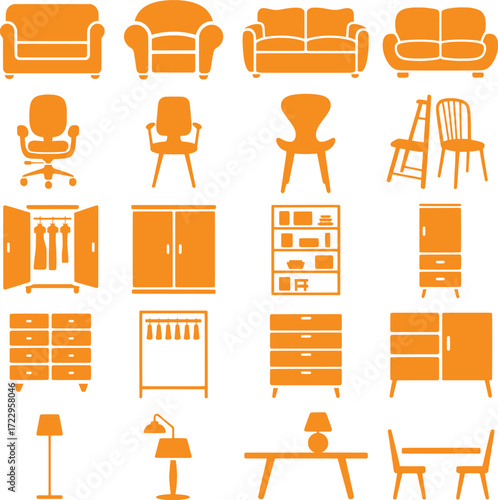 Collection of Orange Furniture Icons: Sofas, Chairs, Wardrobes, and More