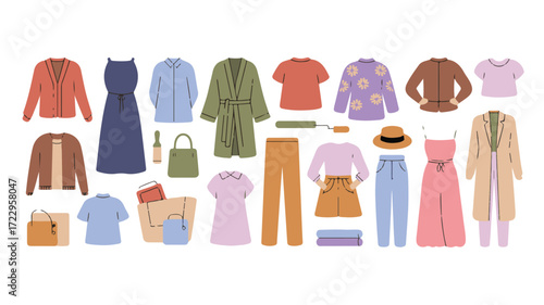 Assortment of Casual Women's Clothing and Accessories Laid Out on a White Background Keywords: women's fashion, clothing, apparel, fashion items, casual wear, style, outfit