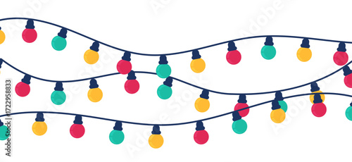 Vector illustration of colorful festive string light garlands with red, orange, and green bulbs on blue wires – overlapping decorations for joyful celebrations