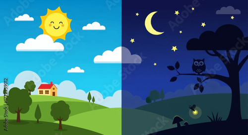 Day and Night Landscape Illustration with Sun Moon and Stars.