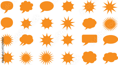 Collection of Orange Speech Bubbles and Starburst Shapes on White Background