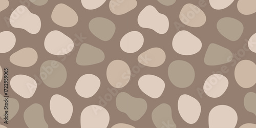 Pebble stone vector seamless pattern. Organic shape blobs in neutral brown colors. Earth tone rounded cobblestone shapes repeat texture. Boho style aesthetic minimal gravel backdrop