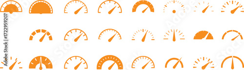 Collection of Orange Speedometer and Gauge Icons on White Background