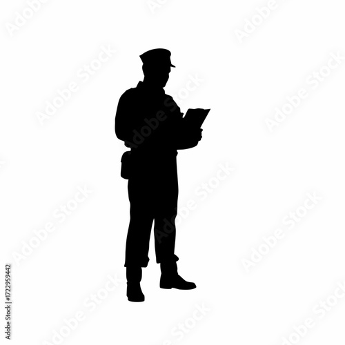 Officer silhouette preparing case notes with clipboard on white background silhouette