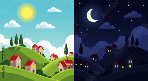 Day and Night Village Landscape Illustration.