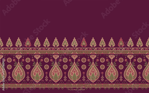 Burgundy Border with Stylized Floral and Circular Motifs pattern
