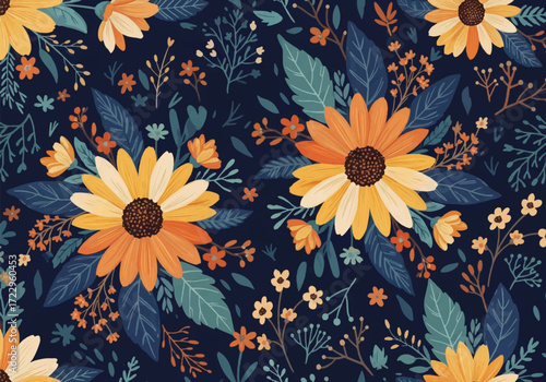 Floral seamless pattern with flowers and leaves. Vector illustration in flat style.