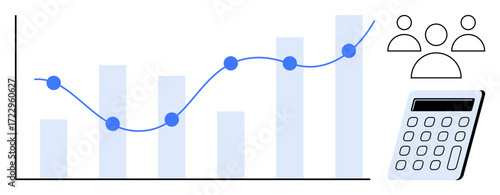 Bar chart and line graph reflecting growth trends, calculator for financial calculations, and user group icon for collaboration. Ideal for analytics, finance, teamwork, planning, business, strategy