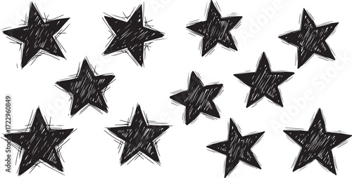 Hand-Drawn Sketchy Black Stars Seamless Pattern on White Background