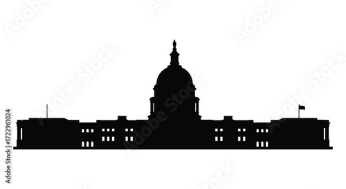 Dramatic black silhouette of a capitol building against a white background silhouette