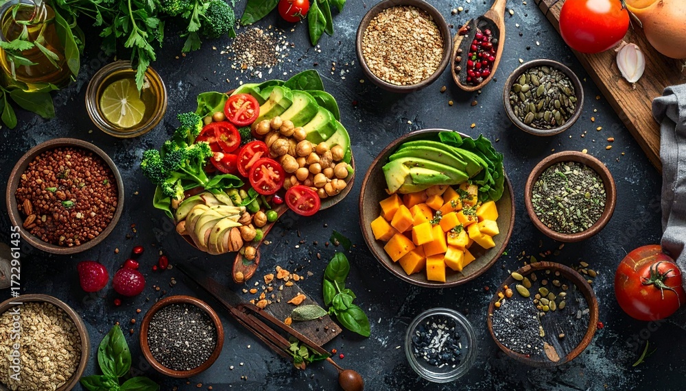 Fototapeta premium A colorful assortment of fruits, vegetables, nuts, and grains is arranged on a dark kitchen countertop. The focus is on healthy ingredients like berries, greens, and nuts, promoting nutritious meals.