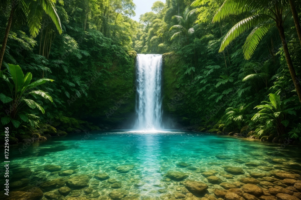 Fototapeta premium Stunning tropical waterfall cascading into crystal-clear turquoise pool surrounded by lush green jungle foliage and sun-dappled light background. Ai generative