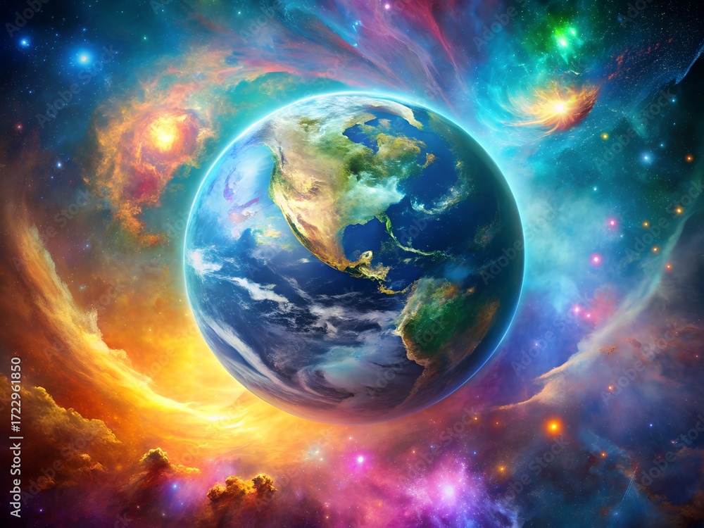 Obraz premium A breathtaking view of planet earth surrounded by a vibrant and colorful nebula in deep outer space