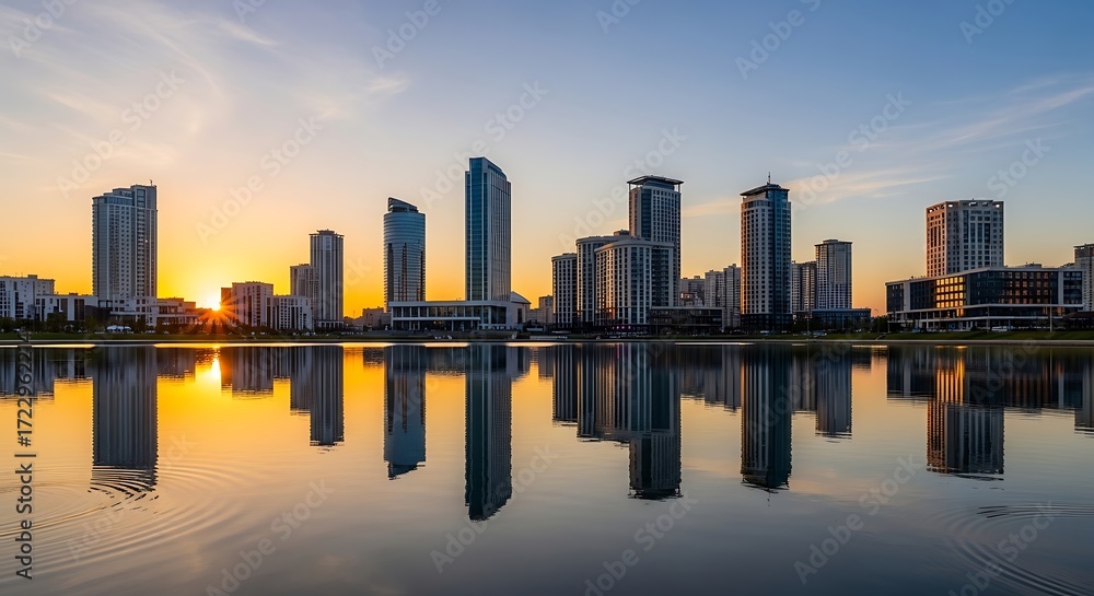 Obraz premium City Skyline Reflection at Sunset.