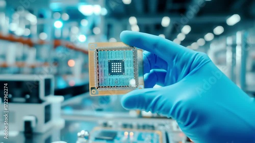 Semiconductor Microchip in Cleanroom Factory, Held with Blue Glove.Generative AI